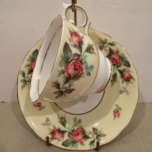 Vintage Colclough England Bone China Teacup & Saucer Yellow with Pink Roses